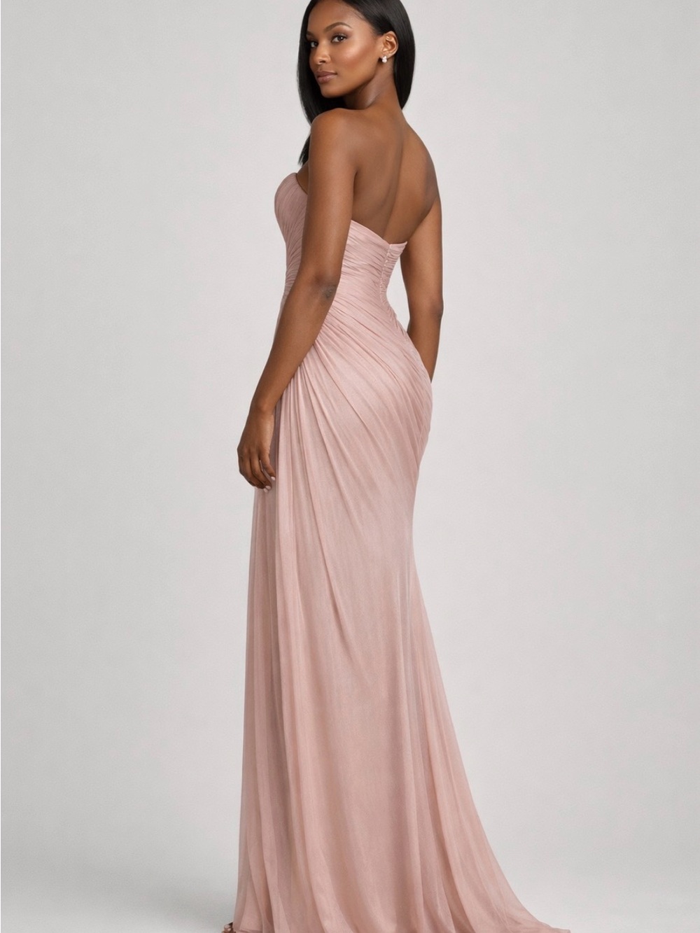Strapless Blush Pink Ruched Evening Gown - Picture 2 of 3